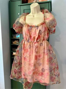 Sheer Floral Puff-Sleeve Pink Organza Formal Dress (L/XL)